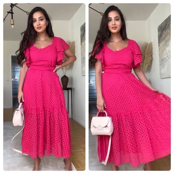 ZARA Fuchsia Openwork Embroidered Midi Dress New - Picture 7 of 7